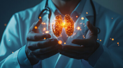 A doctor gently cradling a glowing 3D thyroid model, with abstract shapes symbolizing healing energy and medical care surrounding them.  