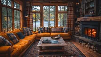 Fototapeta premium Cozy Cabin Living Room Featuring a Fireplace and Lake View