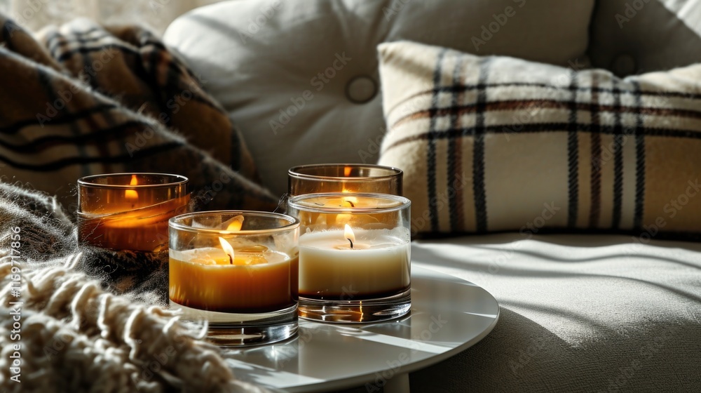 Poster a collection of candles arranged on a plate in front of a warmly lit sofa, creating an inviting and 