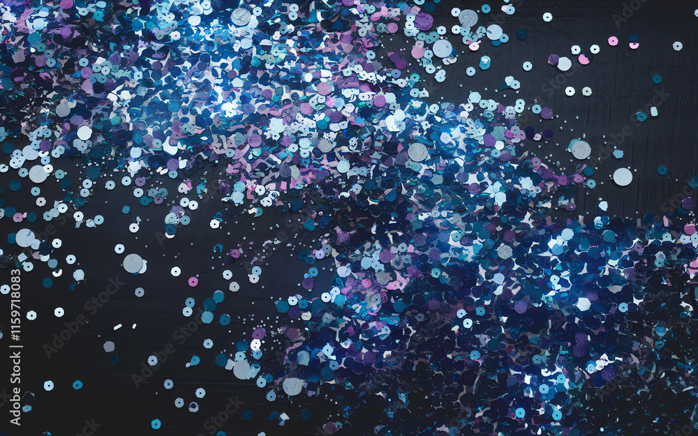 Poster colorful assortment of sequins spread across a black surface creating a vibrant abstract design with