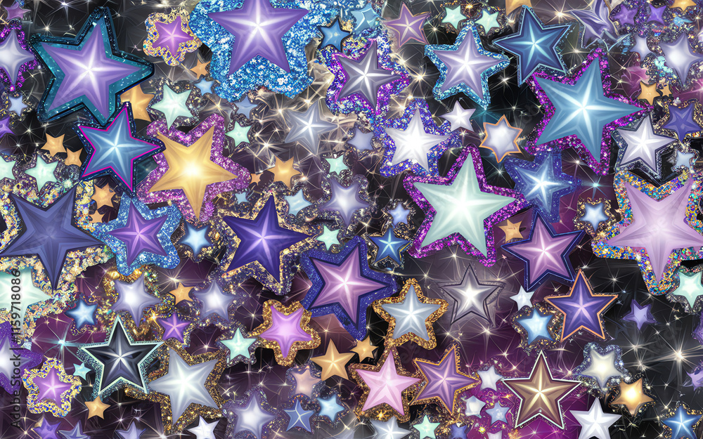 Poster colorful starry background with shimmering stars in various shapes and sizes in a cosmic design