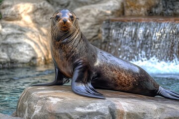 Fototapeta premium California sea lion on rock staring at camera in sunlight