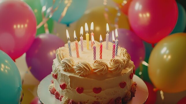 Birthday cake with lit candles surrounded by colorful balloons.