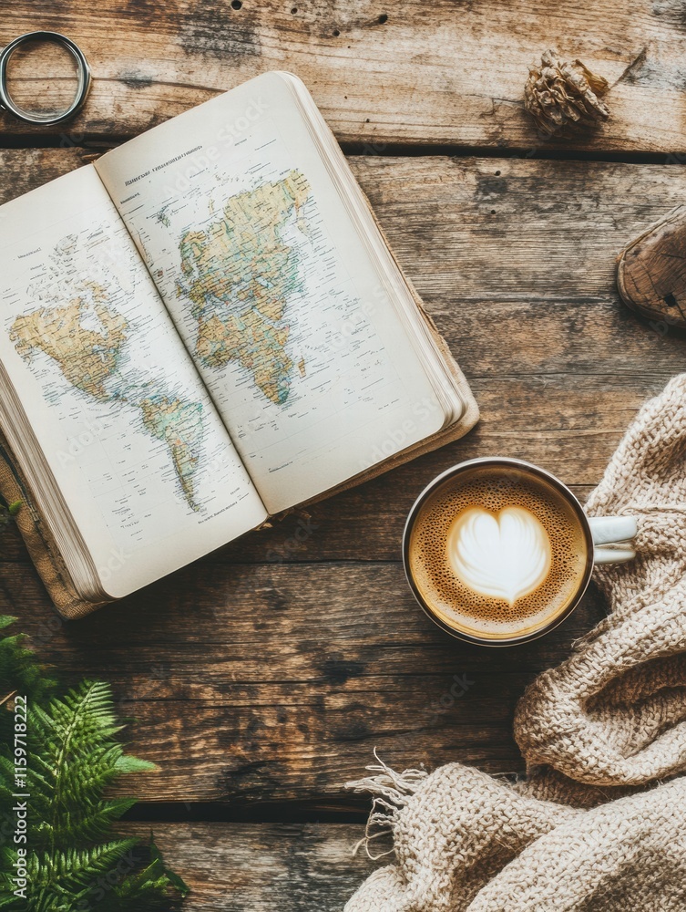 Aufkleber Cozy flatlay with coffee and travel guide on a wooden table for adventure planning. Generative AI