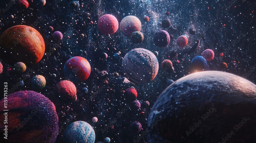 Poster a vibrant cosmos showcasing an array of colorful planets in a star-filled galaxy.