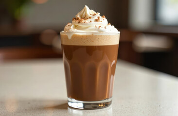menu poster design, creamy sweet beverage. mocha mousse iced coffee topped with whipped cream in glass, set on neutral-toned cafe table.