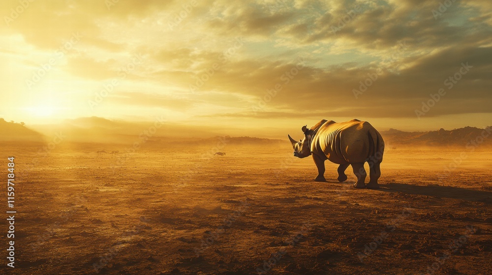 Poster Close up of a rhino walking through a barren savanna at sunset with ample space for text. Generative AI