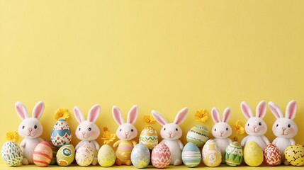 A cheerful display of plush white bunnies with colorful Easter eggs against a bright yellow background.