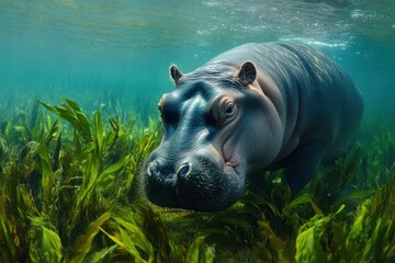 Fototapeta premium Underwater photography featuring a lone hippopotamus in its habitat