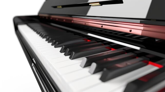 Red and black acoustic grand piano with high resolution digital rendering.