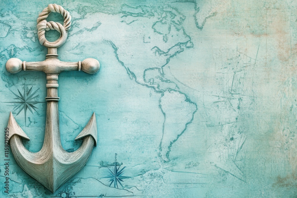 Fototapete Nautical anchor resting on an ancient nautical map with ample space for text or design elements. Generative AI