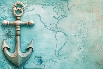 Nautical anchor resting on an ancient nautical map with ample space for text or design elements. Generative AI © Anat art
