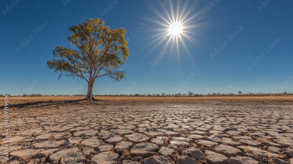 Poster barren dry lakebed under intense sunlight with a lone tree standing resilient in the harsh landscape