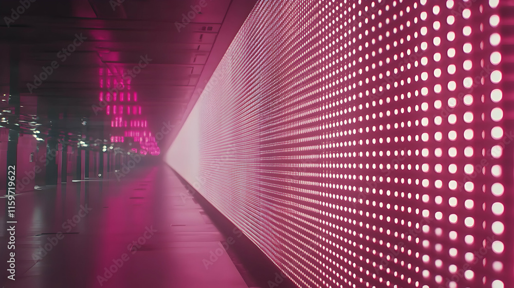 Poster pink led lights illuminate a long corridor, creating a futuristic and abstract effect. the perspecti