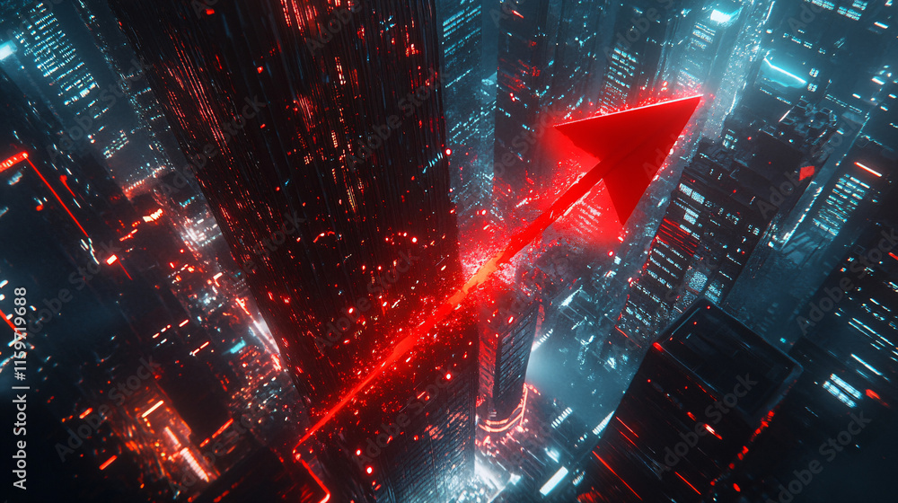 Poster a dramatic scene of a red arrow crashing down, casting a shadow over a futuristic cityscape filled w