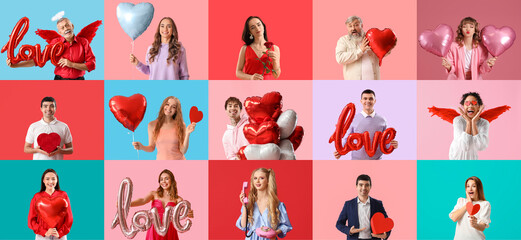 Collage of many people on color background. Valentine's Day celebration