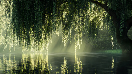 Serene yet sorrowful image of a weeping willow tree, with its drooping branches and leaves reflecting a state of mourning and reflection. Willow. Illustration
