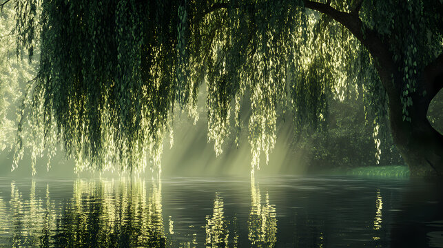 Serene yet sorrowful image of a weeping willow tree, with its drooping branches and leaves reflecting a state of mourning and reflection. Willow. Illustration