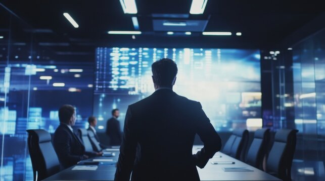 Corporate team in a cutting-edge meeting room. Featuring high-tech displays and interactive tools