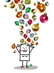 Hand drawn Cartoon stick Woman Throwing Up a Colorful Christmas Balls bunch - photographic collage