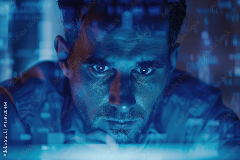 Poster man deeply engaged in computer work, surrounded by multiple screens displaying digital information.