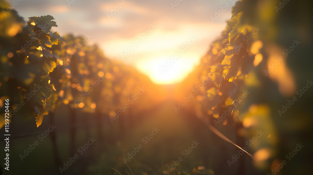 Aufkleber golden hour sunlight illuminates a vineyard, creating a warm and inviting atmosphere. rows of grapev