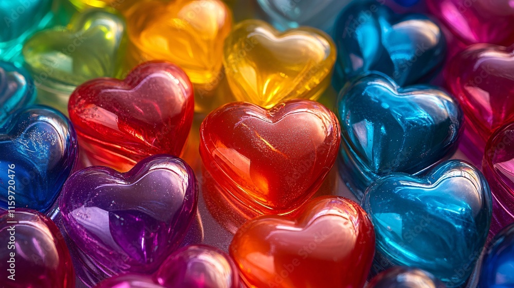 Poster colorful heart-shaped gems creating a vibrant, playful arrangement in an array of hues.