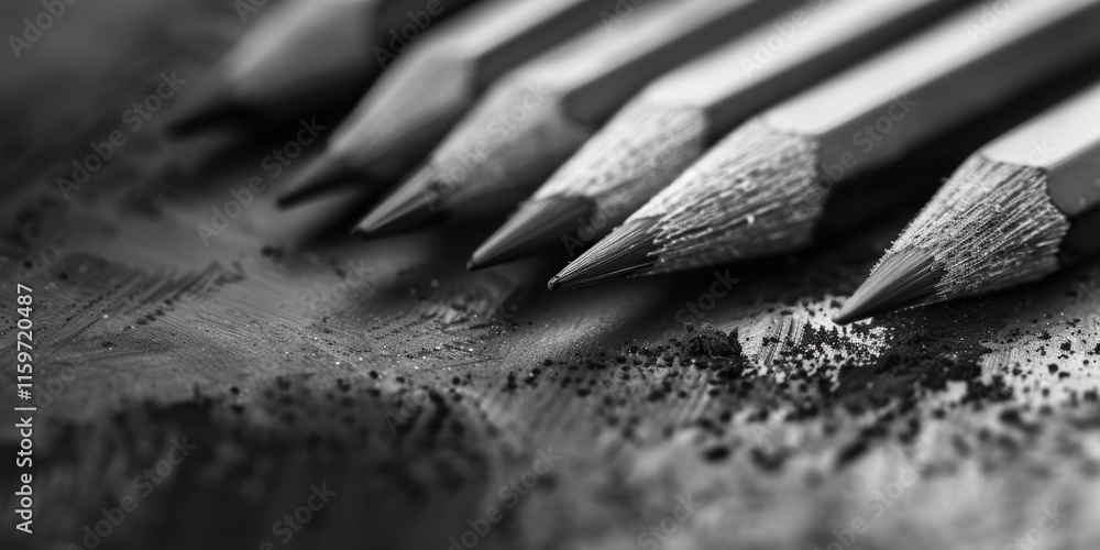 Poster close up of a pencil with the tip pointing up. the pencils are lined up in a row, with the tip of th