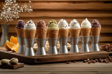 A selection of ice cream flavors blueberry lime pistachio almond orange chocolate vanilla and coffee displayed on a rustic wooden surface Summer dessert theme