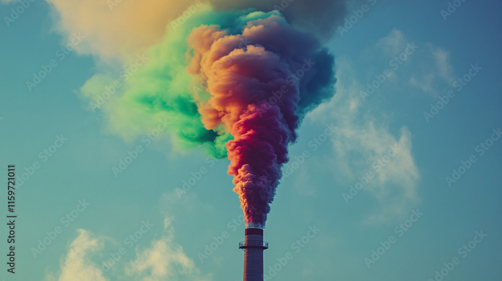 Poster a dynamic swirl of smoke rising from a smokestack, with colors gradually changing from dark gray to 
