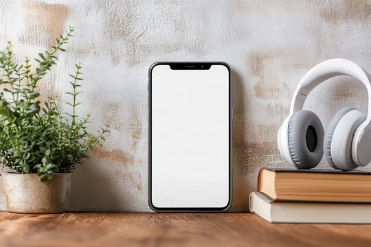 Ad banner featuring mobile screen mockup book and headphones Promotion background for audio apps or audiobooks with ample text space high quality image