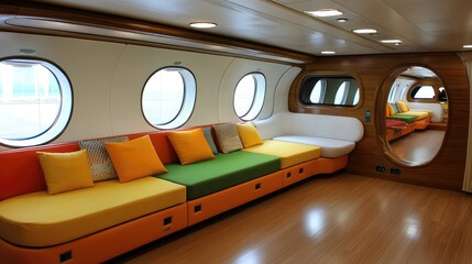 Relaxing lounge space inside a stylish airplane modern air travel interior design cozy environment wide angle comfort concept