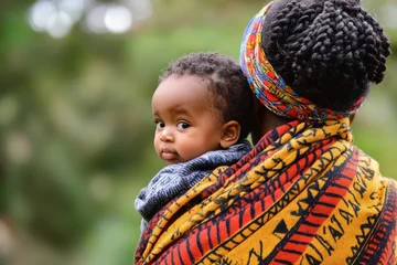 African woman carries child on her back using a blanket in a traditional manner