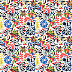 Seamless pattern with birds and floral ornament in the style of Mexican otomi embroidery