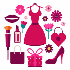 Women's Day Silhouette Set: Flower Bouquet, High-Heel Shoe, Lipstick, Dress, Female Symbol, Gift Box, Perfume Bottle, Handbag. International Women's Day