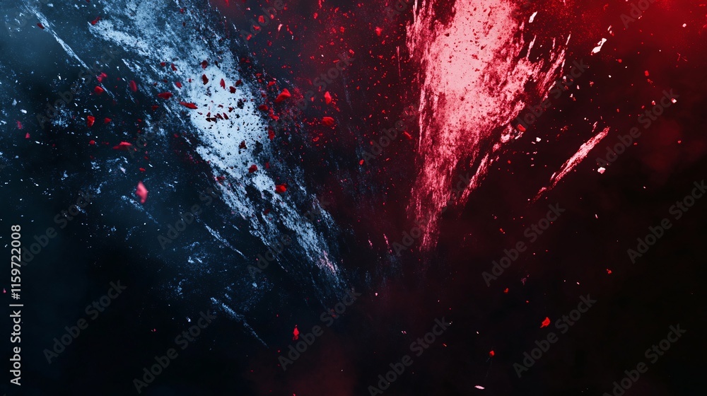 Poster a vibrant abstract explosion of red and blue hues, creating a dynamic fusion of colors and textures 