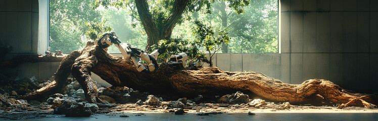 Obraz premium A fallen tree with robotic arms extending from its roots, attempting to repair the very roof it has damaged, symbolizing the merging of nature and technology. 