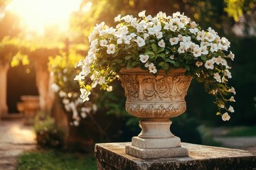 Ancient stone urn featuring blooming white flowers in botanical gardens