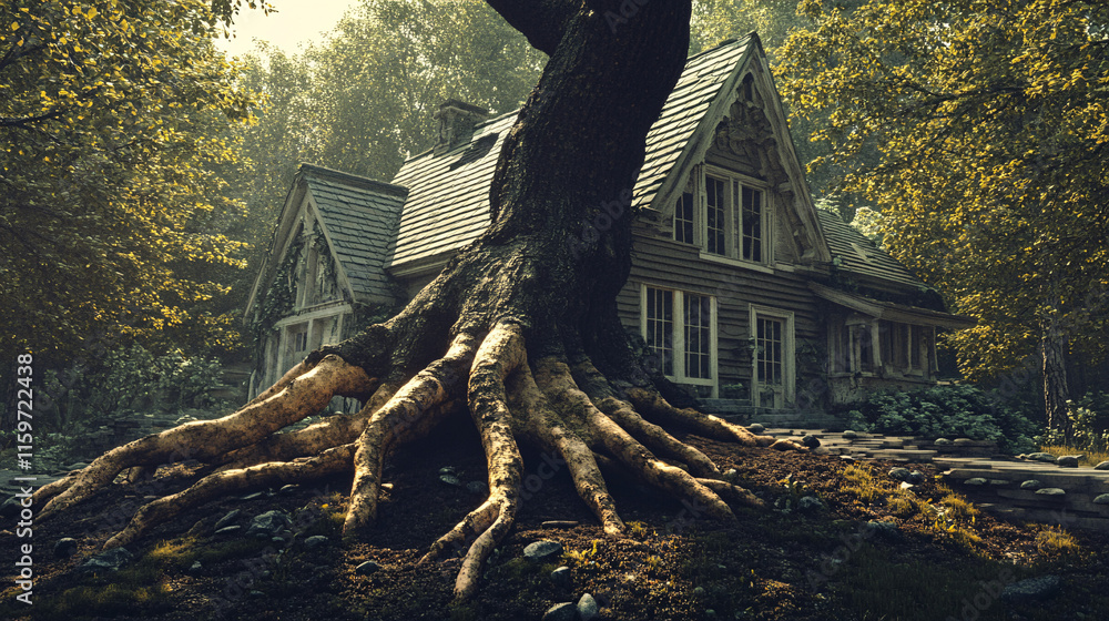 Poster a fallen tree with roots shaped like hands gripping the houses roof, as if it had reached up from th
