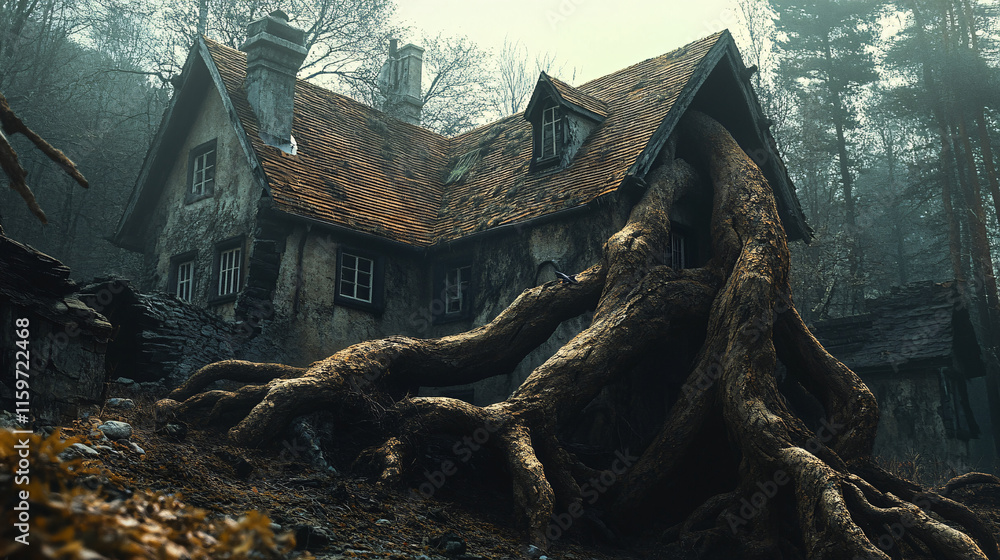 Poster a fallen tree with roots shaped like hands gripping the houses roof, as if it had reached up from th