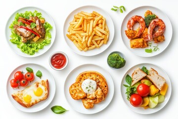 Array of dishes on a plain white surface overhead perspective