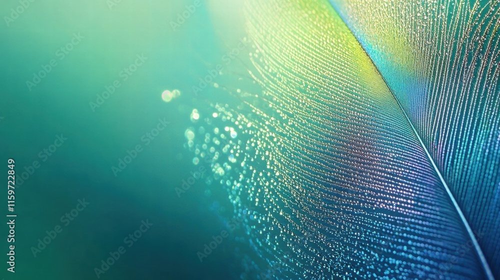 Poster Close up view of a colorful peacock feather adorned with dew drops set against a vibrant backdrop. Generative AI