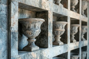 Ash filled urns in a columbarium wall at the cemetery