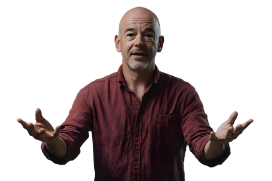 Confident speaker with open arms engaging the audience in a presentation or discussion