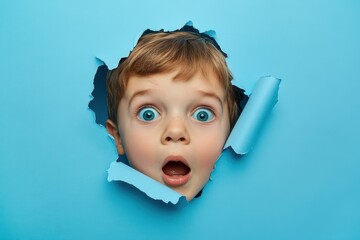 Astonished boy peering through a torn paper opening