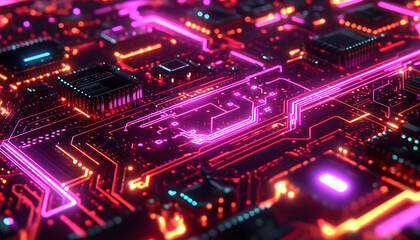Fototapeta premium Abstract close-up of a vibrant, glowing circuit board. Perfect for tech, innovation, and futuristic concepts.