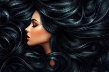 Naklejka premium Attractive brunette woman with long glossy wavy black hair Stylish model with curly locks