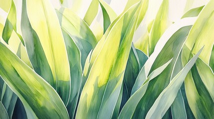 Watercolor painting of vibrant green and yellow leaves.