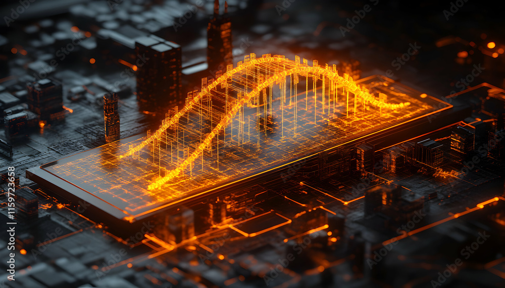 Poster abstract glowing data visualization; futuristic cityscape on a circuit board, resembling a bridge.