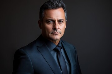 Attractive middle aged man in a suit against a plain backdrop Close up of a businessman Space for text Web design poster Personal finance